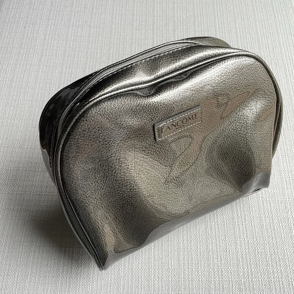 Lancome large gray silver metallic glossy cosmetics pouch